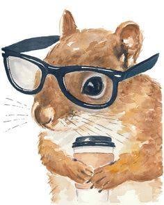 A squirrel wearing glasses with a cup of coffee